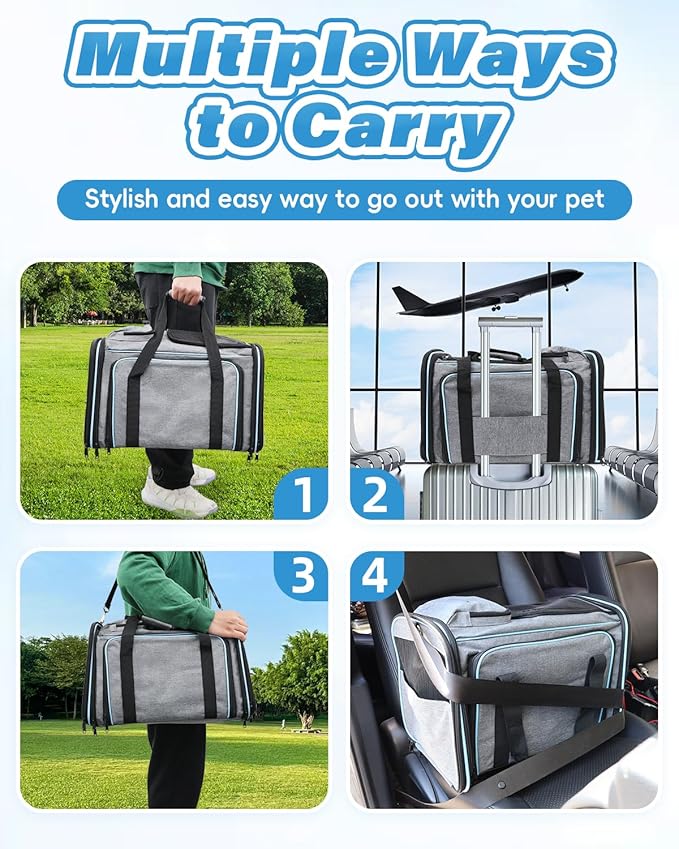 Expandable Travel Pet Bag, Scratch-Resistant Breathable Mesh, Crossbody&Tote Design, Durable&Spacious, Pet Carrier with High-Visibility Windows, Easy-Cleaning Fabric, Removable Soft Pad&Shoulder Strap
