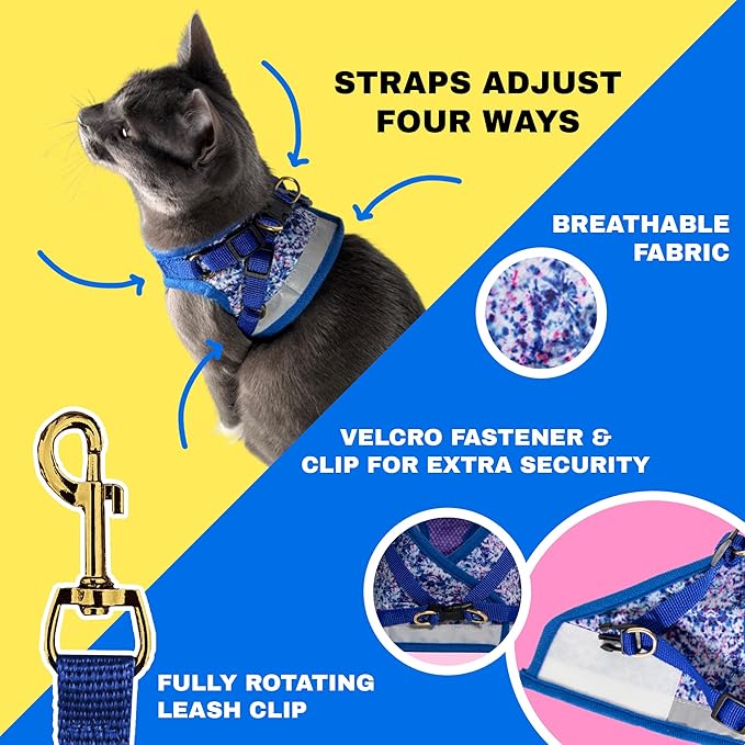 Travel Cat Harness and Leash Set - Adjustable Fit Mesh Cat Harness and Reflective Strap - Comfort Walking Vest for Kitten for Outdoor Walking, Hiking (Large, Groovy)