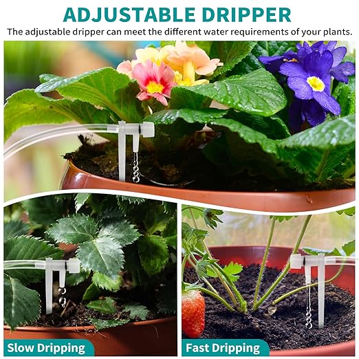 Automatic Watering System for 15 Potted Plants, Automatic Drip Irrigation Kit with Adjustable Water Flow, Programmable Water Timer with Dual Power Supply, for Balcony/Garden/Greenhouse Plants