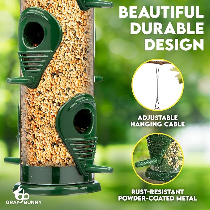 Bird Feeders for Outdoors (Green) Squirrel Proof Hanging Bird Feeder with Locking Lid & Adjustable Hanger, Chew-Proof, Weather Resistant 15 Inches 6 Port