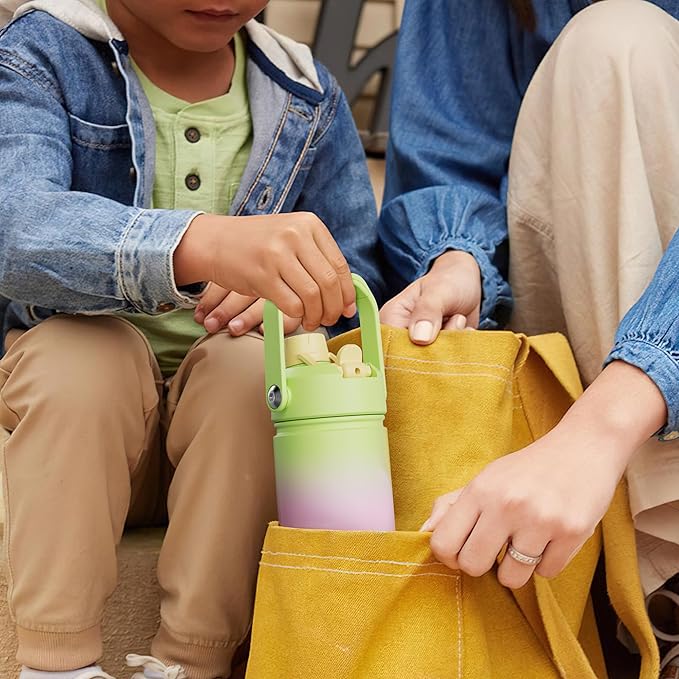 Kids Insualated Water Bottle with Straw - 12oz Stainless Steel Water Bottle with Dual Spouts, Leak-Proof, BPA-Free, Double Wall Vacuum Keeps Cold for 24 Hours for Sports, Travel (Frosted Lilac)