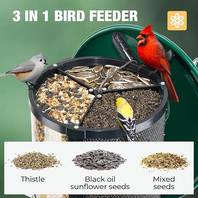 Veehoo Hanging Bird Feeder for Outdoors, 3 in 1 Large Capacity Metal Mesh Tube Bird Feeder for Thistle Nyjer Peanut, Wild Triple Finch Cardinal Feeders 6 lbs Seed Capacity for Outside