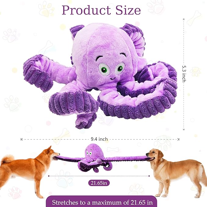 Squeaky Dog Toys, Stuffed Large Dog Toys to Keep Them Busy, Interactive Plush Chew Toys with Crinkle Paper, Tough Pet Animal Toys for Small Medium Large (Purple Octopus)
