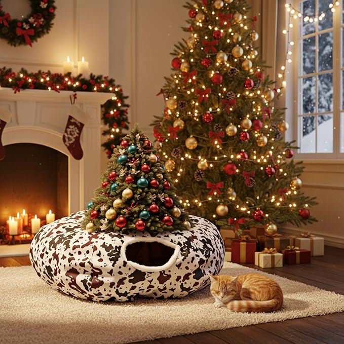 Cat Tunnel Bed Under Christmas Tree 36'' Kitten Circle Donut Tunnel Skirt with Ball Mat Decorative Xmas Folding Home Kitty Guard Tube Holiday Party Indoor Pet (Brown Black White,Cowhide)