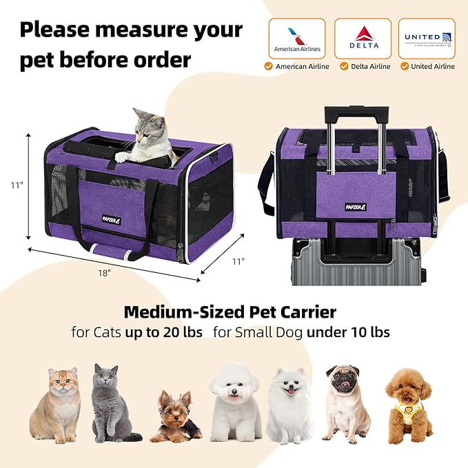 Cat Carrier Soft-Sided 18x11x11 Inch Travel Bag for Medium Cats over 15lbs, Small Dog Carrier Crate Top Entry Breathable Mesh Puppy 12 Pounds, Pet Rabbit Carrying Cage Kennel Collapsible Purple
