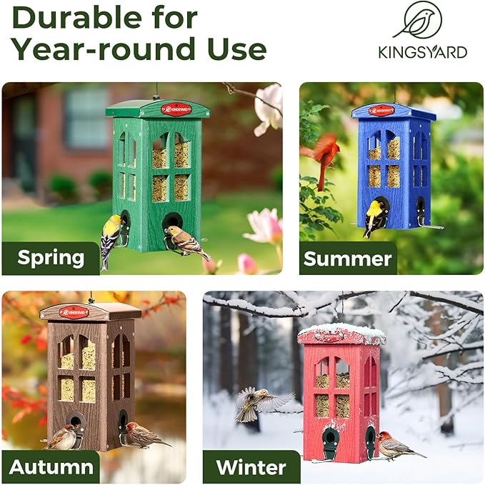 Kingsyard Upgraded Rainproof Bird Feeder for Outdoor Hanging - Metal Feeding Port, Recycled Plastic Wild Bird Feeder with Metal Mesh Tray for Goldfinch Small Bird, Garden Yard Decoration, Red