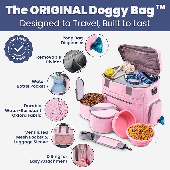 The Original Doggy Bag™- Dog Travel Bag for Supplies - Ultimate Gift for Dog Moms & Dads, Doggy Lovers & Pet Owners for Christmas- Includes 2 BPA-Free Travel Bowls and 2 Food Containers: Lt. Pink