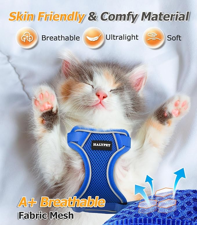 Halypet Cat Harness and Leash Set [MAX Safety 4th-Gen Upgrade] Escape Proof Adjustable Cat Leash Comfortable Soft Vest Easy to Wear Kitten Harness with Reflective Strip for Cats Walking, S Blue