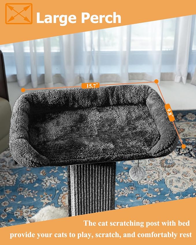32" Cat Scratching Post for Indoor Cats, Sisal Cat Scratcher with Plush Perch, Large Scratch Post with Bed, Removable Cover, Sisal Fabric,Black