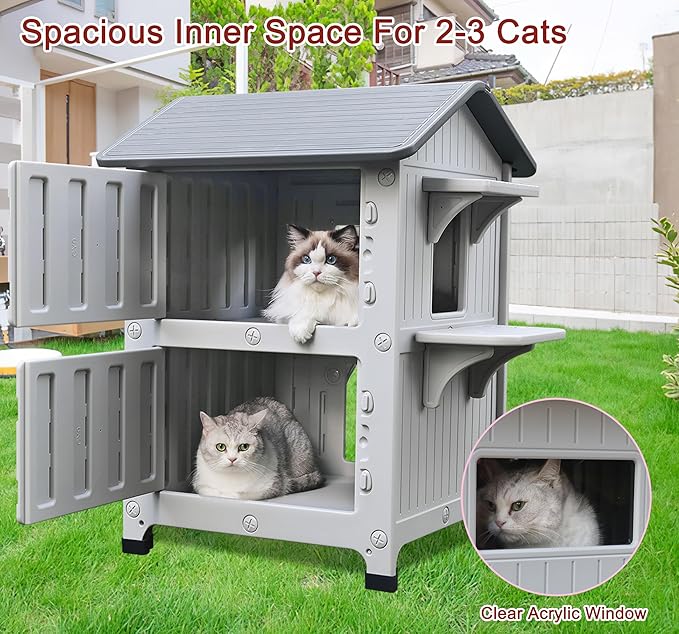 Rockever Plastic Insulated Outdoor Cat House with Escape Door, 2 Story Waterproof Cat House for Outdoor Cats for Feral Cats, Elevated Outside Cat Shelter, Clean and Assemble Easily