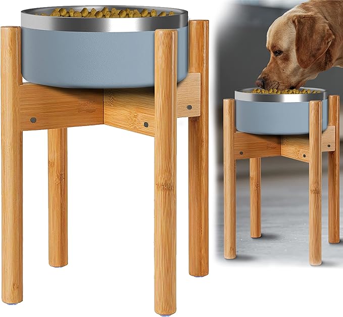 Dog Bowl Stand for Large Breed - 14-inch High, Adjustable Sideways to Fit Various Sizes of Pet Food/Water Bowls, Slow Feeders, and Drink Fountains - Bamboo