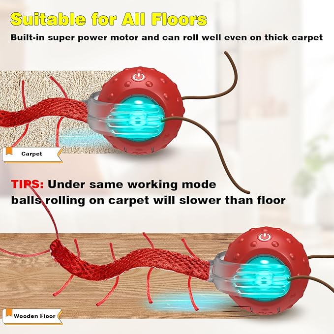 Interactive Cat Toys for Indoor Cats, Moving Cat Ball with Tail, Fast Rolling on Carpet, Chirping & Motion Activate