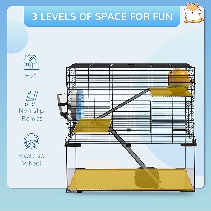 PawHut Large Hamster Cage with Deep Tempered Glass Bottom, 3 Tiers Hamster Tank with Running Wheel, Hut, Water Bottle, Dish, Rat Cage for Syrian, Dwarf, Gerbils, Mouse, 23.5" x 16" x 22.5", Black