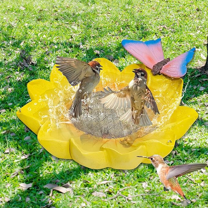 Sunflower Bird Bath for Outside, MeyRolizn Hanging Resin Birdbath with Butterfly Ornament, Garden Ground Bird Feeder Bath Bowl for Outdoor Yard Decor Ywllow(Sunflower)