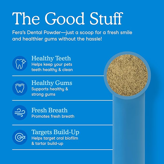 Fera Pets Cat & Dog Dental Support Powder - Supports Fresh Breath - Promotes Healthy Teeth and Gums - Targets Tartar Build-Up - Includes Kelp, Enzymes & Postbiotics - 60 Scoops
