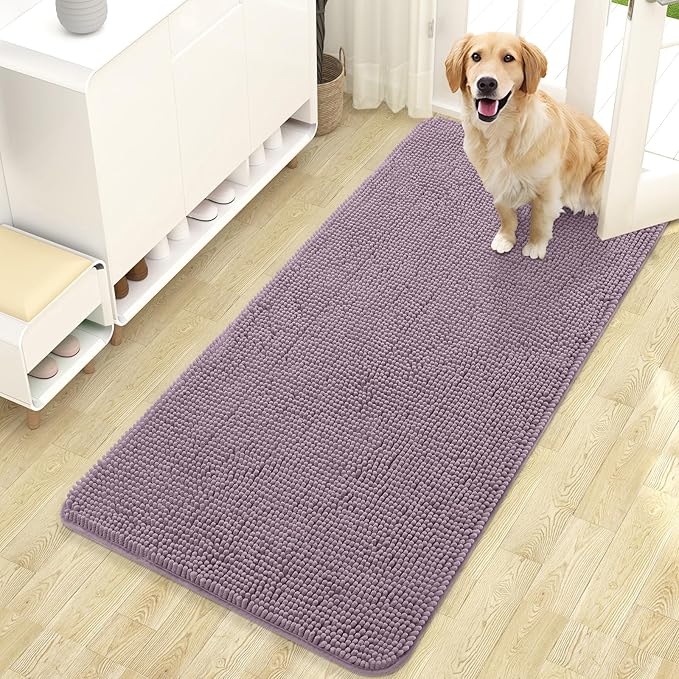 OLANLY Dog Door Mat for Muddy Paws 47x24, Absorbs Moisture and Dirt, Absorbent Non-Slip Washable Doormat, Quick Dry Chenille Mud Mat for Dogs, Entry Indoor Entryway Carpet for Inside Floor, Deep Plum