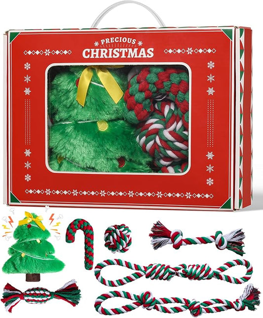 Aitmexcn Christmas Dog Rope Toys Set, 7 Pack Cotton Dog Toys for Large Dogs and Medium Small, Cute Interactive Squeaky Toy, Chewing Puppy Gaming Toy for Teeth Cleaning