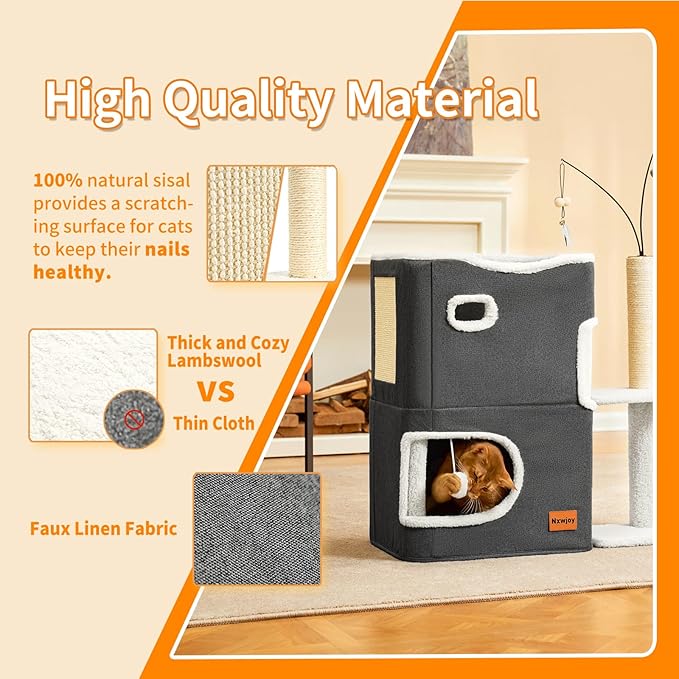 Cat Bed for Indoor Cats with Scratching Post Cat Beds Furniture Cave House 2-Storey Cats Hideaway Playhouse Condo with Fluffy Ball Toys for Pets Dark Grey