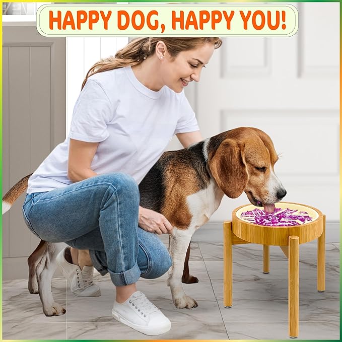 Raised Slow Feeder, Licking Mat/Pad - Suitable for Wet and Dry Dog Foods, Butter and Spreads - 10-inch High with Stand, 8.6-inch, Detachable Parts - Bamboo