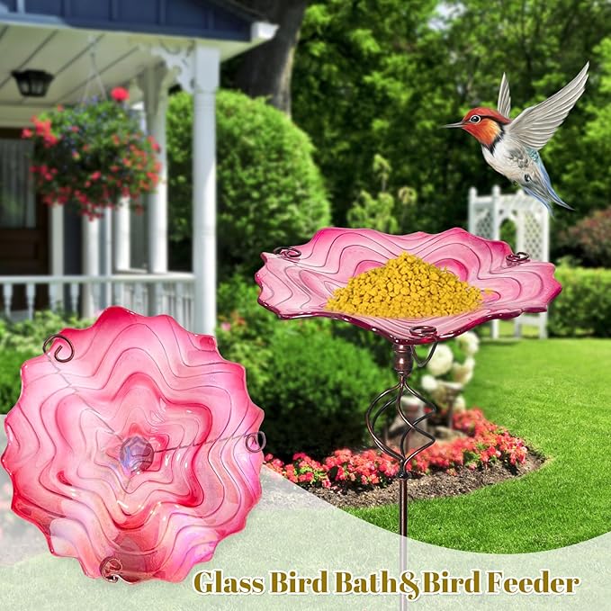 HONGLAND 31" Red Glass Bird Bath with Sturdy Metal Stake, Secure Freestanding Birdbath for Outdoors, Garden, Patio, and Yard Ornament