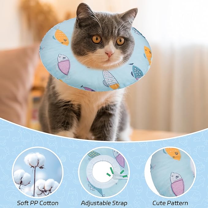 Cat Cone Collar Soft, Spay Soft Cones to Stop Licking, Cat Neck Donut Pillow After Surgery, Spay Cones for Kittens, Soft Recovery Cone for Cats, Elizabethan Kitten Cones (Blue Fish, Medium)