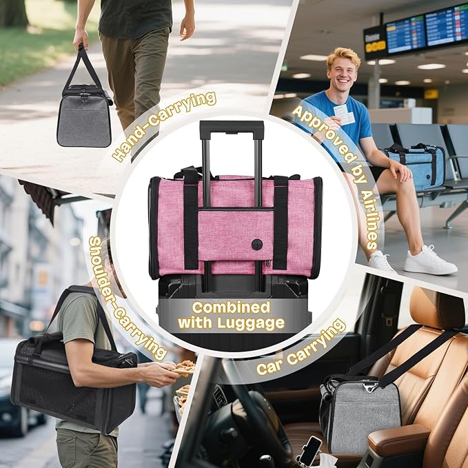 YUDODO 25 lbs Lightproof Airline Approved Cat Small Dog Carrier for Travel Bag Soft Sided Pet Puppy Carriers with Side Pockets & Reflective Mesh, Foldable Portable for Outdoor Car Large Lake Blue