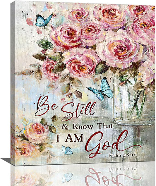 Farmhouse Rose Wall Art Christian Scripture Pictures Pink Rose Wall Decor Rustic Floral Butterfly Canvas Print Painting Artwork for Bathroom Living Room Bedroom 20"x24"