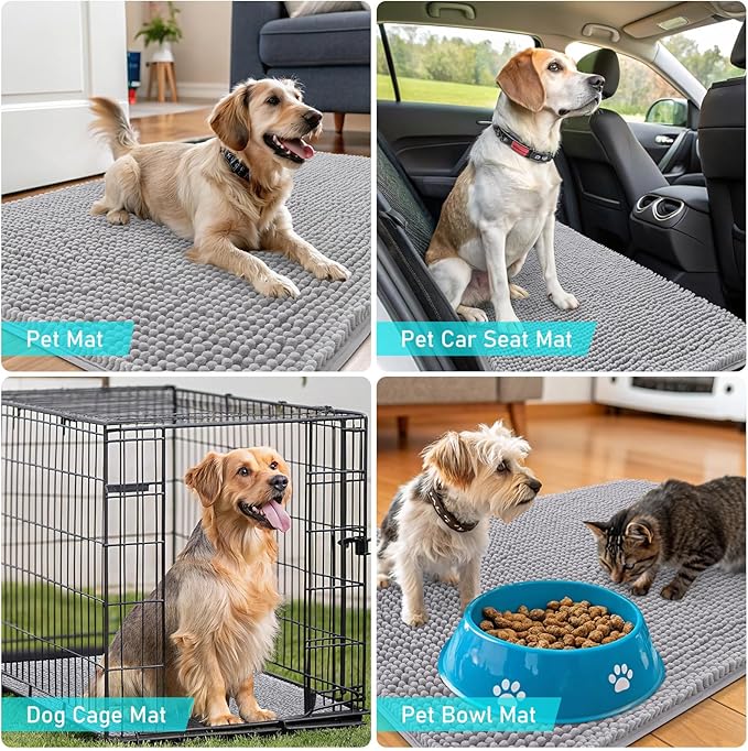 OLANLY Dog Door Mat for Muddy Paws 36x24, Absorbs Moisture and Dirt, Absorbent Non-Slip Washable Doormat, Quick Dry Chenille Mud Mat for Dogs, Entry Indoor Entryway Carpet for Inside Floor, Light Grey