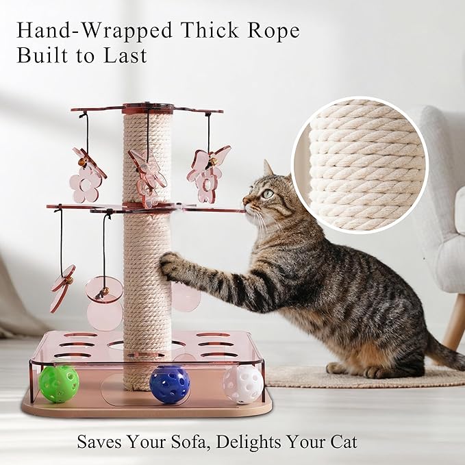 Modern 3-in-1 Interactive Cat Toy with Scratching Post, Cat Puzzle Toys for Indoor Cats with Colorful Jingle Balls, 2-Layer Spinning Teaser Disc with Dangling Toys, Acrylic, Pink
