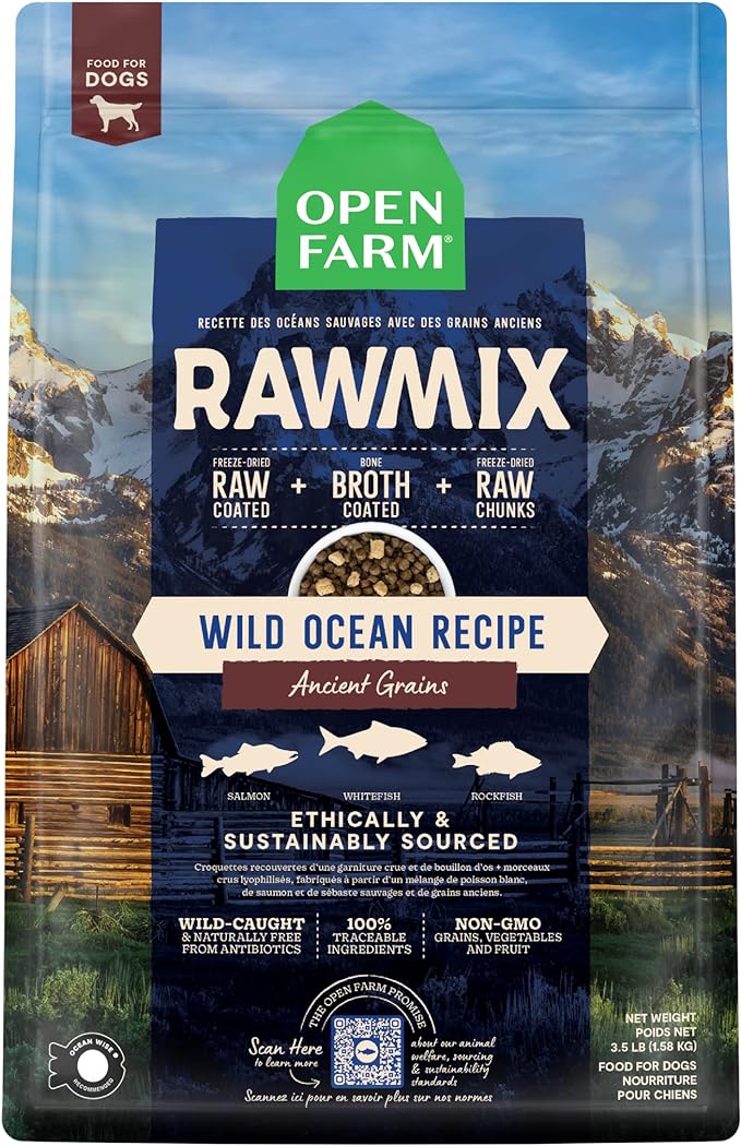Open Farm, RawMix Dry Dog Food with Ancient Grains, Protein-Packed Kibble Coated in Bone Broth with Freeze Dried Raw Chunks, Salmon Whitefish & Rockfish,Wild Ocean Recipe, 3.5lb Bag