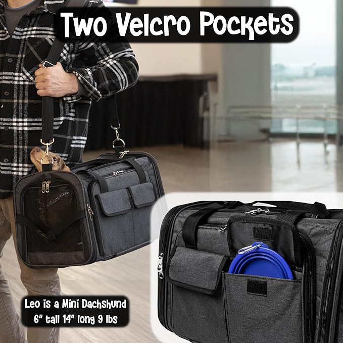 Pet Carrier with Wheels | United Delta American Frontier Airline Approved | Two Expandable Sides, Storage Pockets Adjustable Leash | Rolling Dog and Cat Carrier TSA Compliant (Dark Grey 17x11x11)
