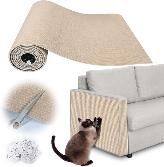 Cat Scratch Furniture Protector - 100" x 13.8" Trimmable Self-Adhesive Cats Claws Scratch Pads, DIY Cat Climbing Couch Protector for Scratch Post Cat Tree Replacement Indoor (Khaki)
