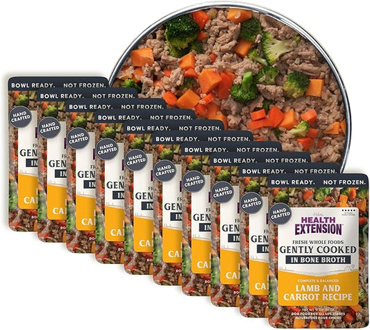 Health Extension Gently Cooked Lamb & Carrot Dog Food, Human-Grade & Shelf-Stable with Superfoods, Supports Digestion, Immunity, Skin & Coat, 3 oz Pouch (Pack of 10)