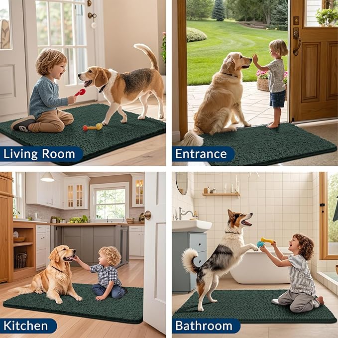 Smiry Dog Door Mat for Muddy Paws 48x30, Absorbs Moisture and Dirt Doormat, Non-Slip Washable Quick Dry Chenille Front Door Mat Indoor Entrance, Entryway Carpet for Inside Floor, Green