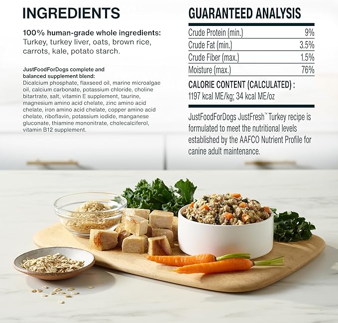 JustFoodForDogs JustFresh Wet Dog Food, Fresh Pet Meals and Toppers with No Preservatives, Resealable Package, Human Grade, Home-Cooked Turkey, 12 oz - 7 Pack