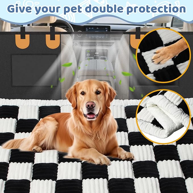 Backseat Dog Bed Mat for Car: 23.6" x 52" Non-Slip Dog Bed for Back Seat - Soft and Comfortable Dogs Blanket - Washable Travel Pet Mat Seat Protector Fit for Back Seat Cover, Grid