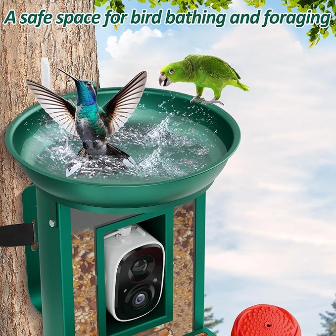 Bird Feeder with Camera, 2K Birds Camera with 3-in-1 Feeding, Drinking, and Bathing | AI Identify, Real-Time Monitoring and Alerts | IP65 and Squirrel-Proof for Outdoors, Gift for Bird Lovers
