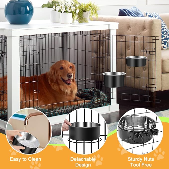 Dog Crate Bowls Hanging No Spill, ShineMe 60oz & 40oz Stainless Steel Dog Kennel Food and Water Bowls Mountable for Large and Medium Pets (7.0 x 3.7” & 6.2 x 2.5”)