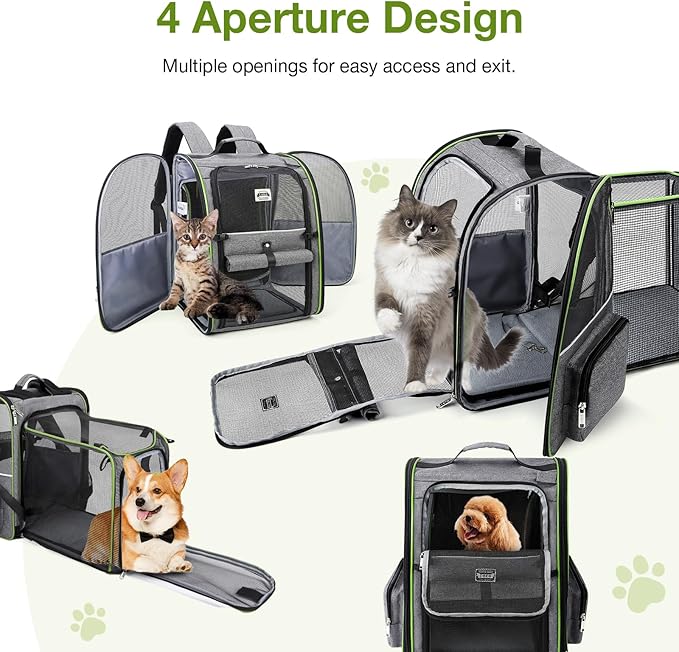 Lekebobor Large Cat Backpack Carrier Expandable Pet Carrier Backpack for Small Dogs Medium Cats Fit Up to 18 Lbs,Dogs Foldable Puppy Backpack Carrier for Travel, Hiking,Grey with Green Edge, XL
