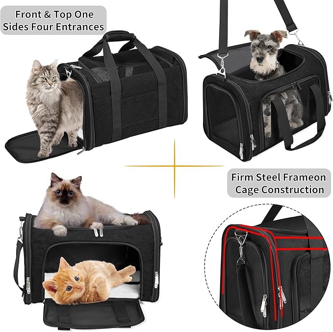 Soft-Sided Cat/Dog/Pet Carrier, Collapsible Pets Travel Carriers for Big Cats/Small Dogs with Shoulder Strap & Removable Mat, Mesh Puppy Carry Bag, Up to 16 Lbs, TSA Airline Approved(Black)