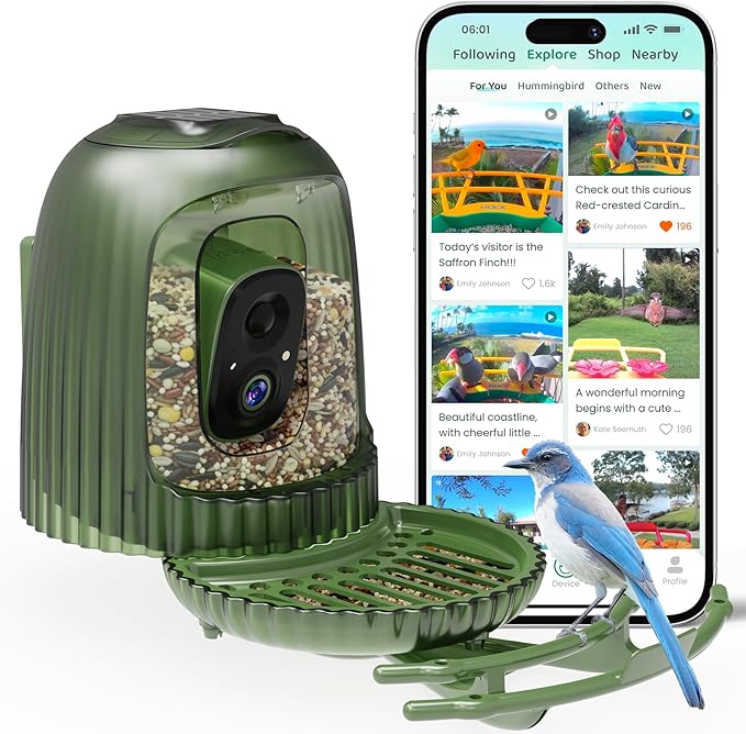 HIXX Smart Bird Feeder with Camera, AI Bird Identifier & 4MP Color Night Vision, Exclusive Vertical View Mode, Squirrel-Deterrent Design, Solar Light for Nature Lovers (Color Light)