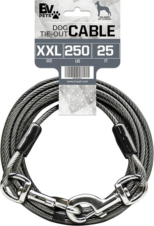 BV Dog Tie Out Cable 25 Feet - Heavy Duty Dog Lead Up to 250 Pounds - Reflective & Rust-Free with Quick Release Swivel Clips & 360° Rotating Clasp - Tangle-Free Dogs Runner for Yard (Grey, Single)