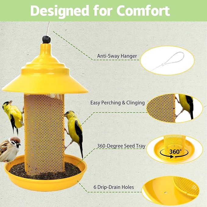 Finch Feeder - All-Metal Squirrel Proof Thistle Nyjer Seed Bird Feeder for Outdoors, 2.5LB Capacity, Powder-Coated Rust Resistant Mesh Design for Goldfinches & Small Birds Yellow
