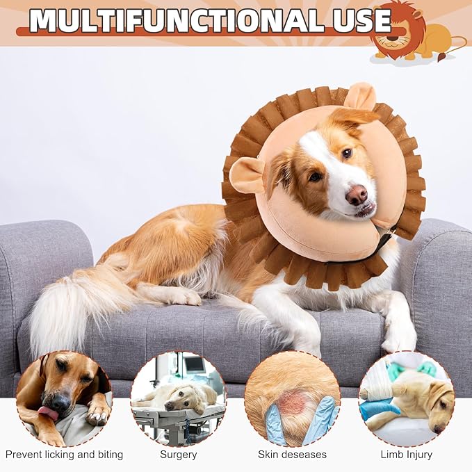 KOOLTAIL Inflatable Dog Cone Collar, Soft Dog Cone Alternative for Large Medium Small Dogs After Surgery, Adjustable Donut Neck Cone for Dogs Cats, Recovery E Collar with Enhanced Anti-Licking,Lion M