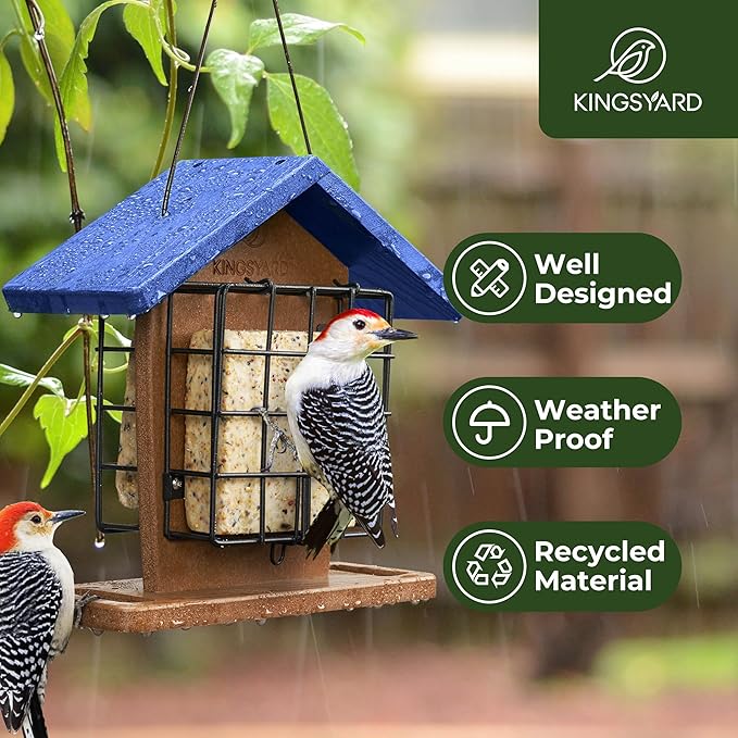 Kingsyard Recycled Plastic Double Suet Feeder with Rainproof Roof & Perch, Cage Suet Bird Feeders for Outdoors Hanging, Great for Woodpecker, Chickadee, Nuthatch (Green)
