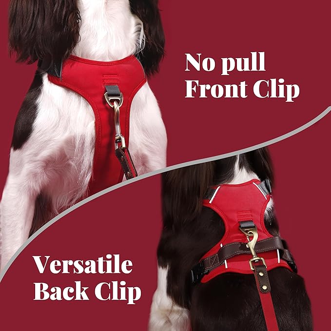 No Pull Dog Harness Small Sized Dog,Stylish PU Leather Vest with Easy Control Handle,No Choke Front Clip with 2 Metal Leash Clips,Reflective & Adjustable for Walking,Red,Chest 19-24"