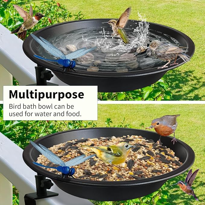 Deck Mounted Bird Bath for Deck Rail & Garden-11.5 Inch Frosted Black,Clamp-On Detachable Bowl with Rust-Proof Bracket,Easy Clean Outdoor Bird Feeder with Magnetic Dragonfly for Patio Lawn Backyard