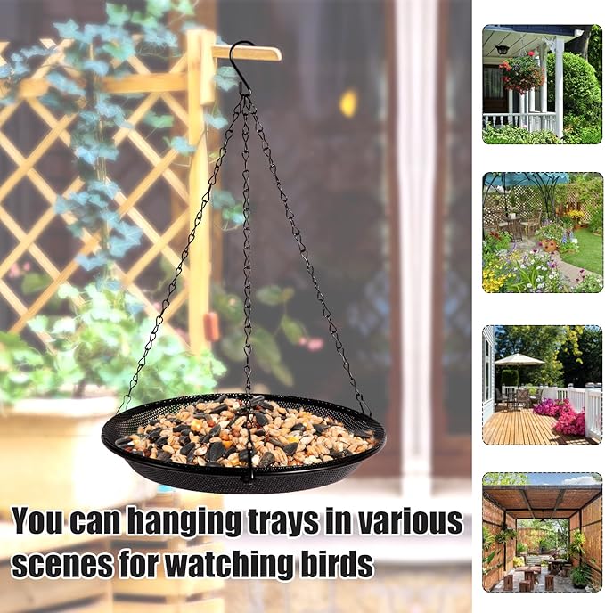 Hanging Bird Feeder Bowl with 16.3 inch Iron Hanging Chain Detachable Outdoor Decor for Garden Backyard Patio and Deck - Perfect for Attracting Birds