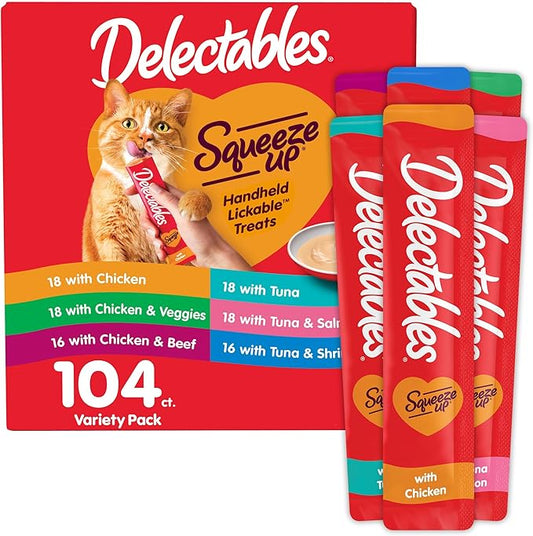 Delectables Squeeze Up Variety Pack, Creamy Squeezable Puree, Lickable Wet Cat Treats, Grain Free, No Added Fillers, No by-Products, No Added Preservatives, 0.5 Ounces Tube, 104 Tubes Total