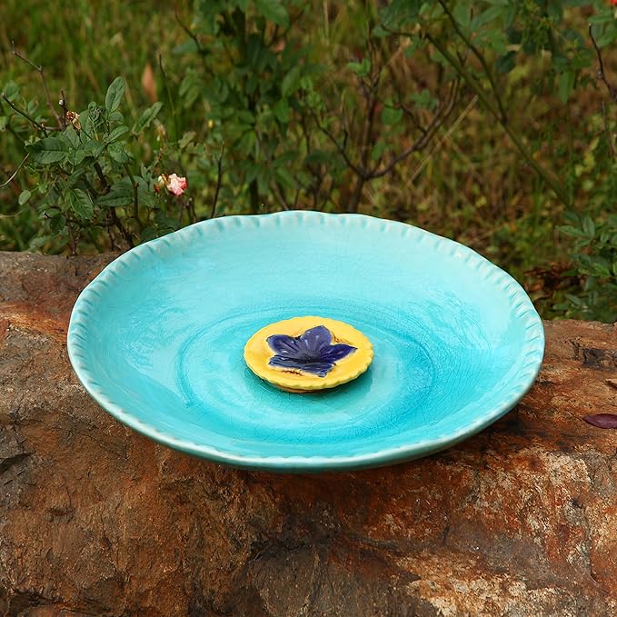 Ceramic Bird Bath for Outside, Bird Bath Bowl with Vintage Decoration for Garden & Patio, Ground, Deck, Balcony Yard Lawn Decor Blue Bird Drinker Plate - Yellow Flower, 12.25"